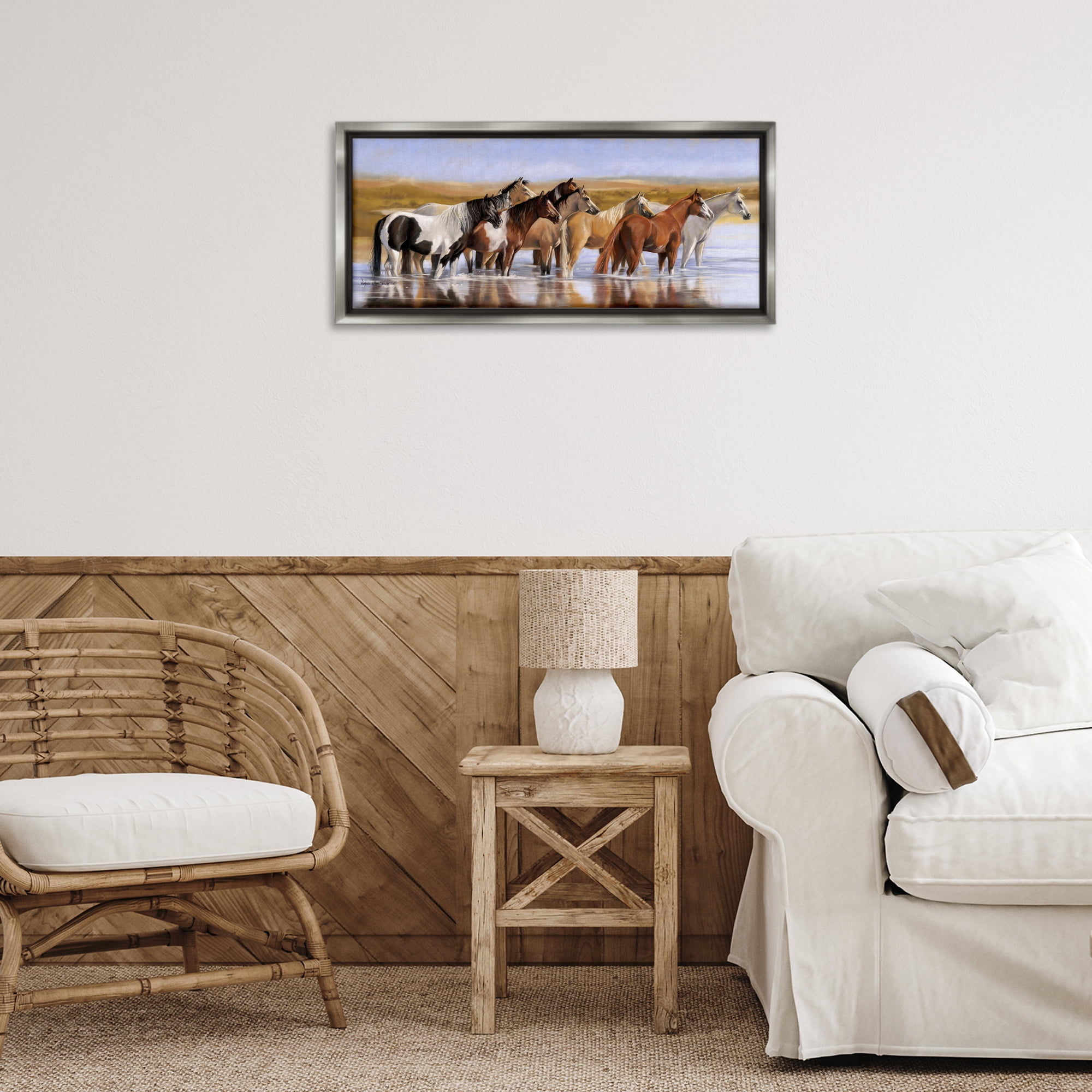 Stupell Industries Horse Herd in River Animals & Insects Painting Gray Floater Framed Canvas Art Print Wall Art, 25 x 11