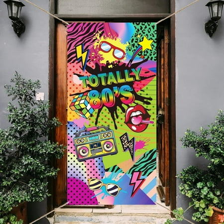 1 Pc Totally 80's Door Cover Colorful 80's Hip Hop Sign Graffiti Banner Backdrop Polyester Door Banner Retro Decoration Banner for Party Supplies 35.4x72.8 inch(90x185cm)
