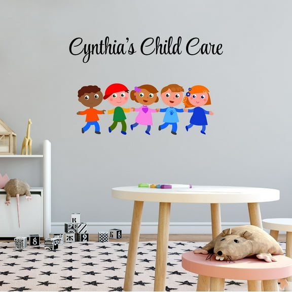 Personalized Name Day Care Wall Decal Seamless line of Children Playing Daycare Wall Decal for Care Taker Cute Themed Room Décor - Size: 10 In x 6 In