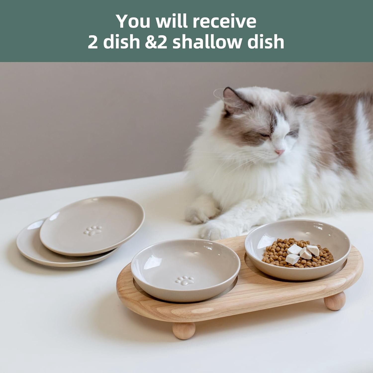 Raised Ceramic Wide Whisker Friendly Cat Dishes, Food and Water Bowl Set with Adjustable Stand, Anti-Whisker Fatigue, 2 Dishes and 2 Shallow Dishes