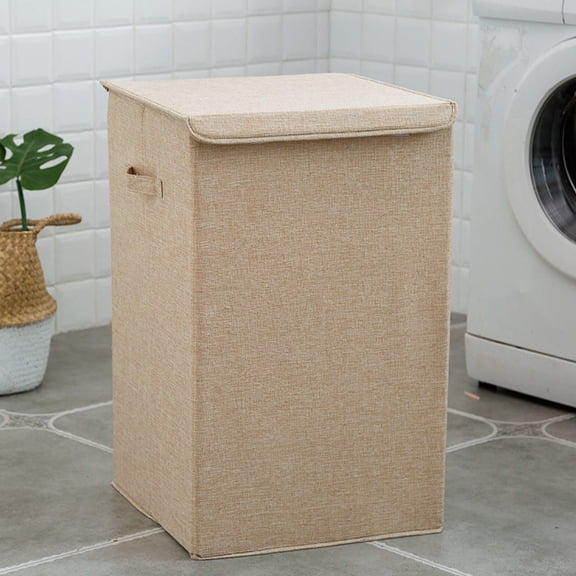 Raindrops Beige Cotton Linen Laundry Hamper with Lid and Handle, Home Storage Basket for Clothes and Laundry Organization