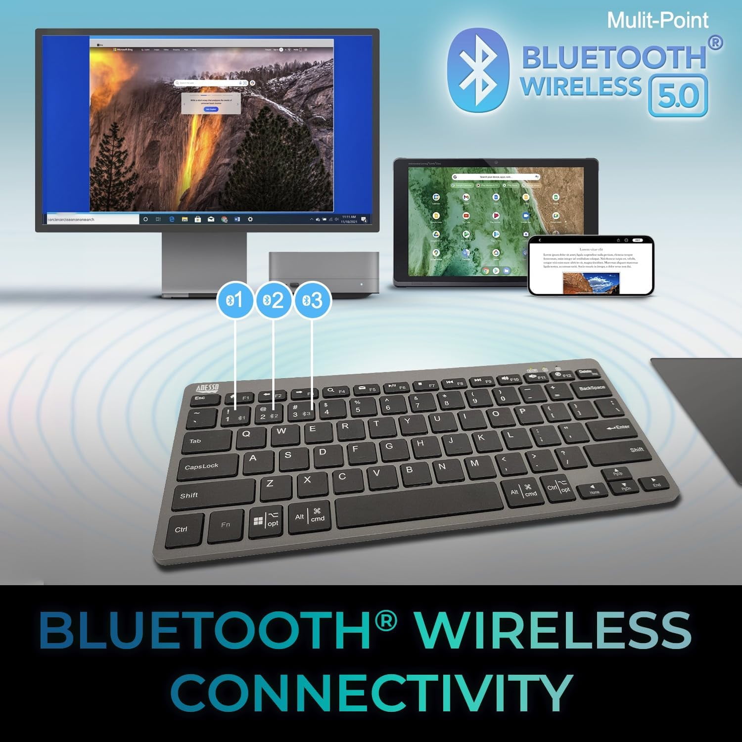 Adesso WKB-7000BB EasyTouch 7000 Bluetooth Keyboard with CoPilot AI Hotkey