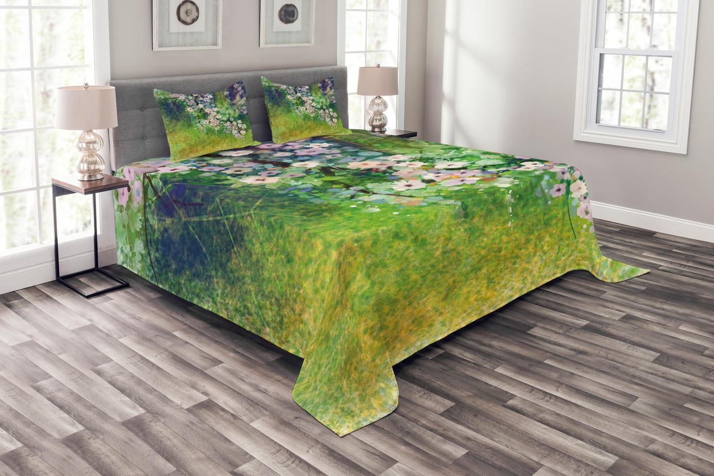 Flower Bedspread Set Queen Size, Traditional Multicolored Japanese