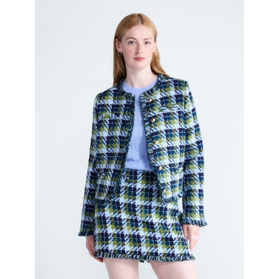 Free Assembly Women's Cropped Tweed Jacket with Fringe Trim, Sizes XS-XXL