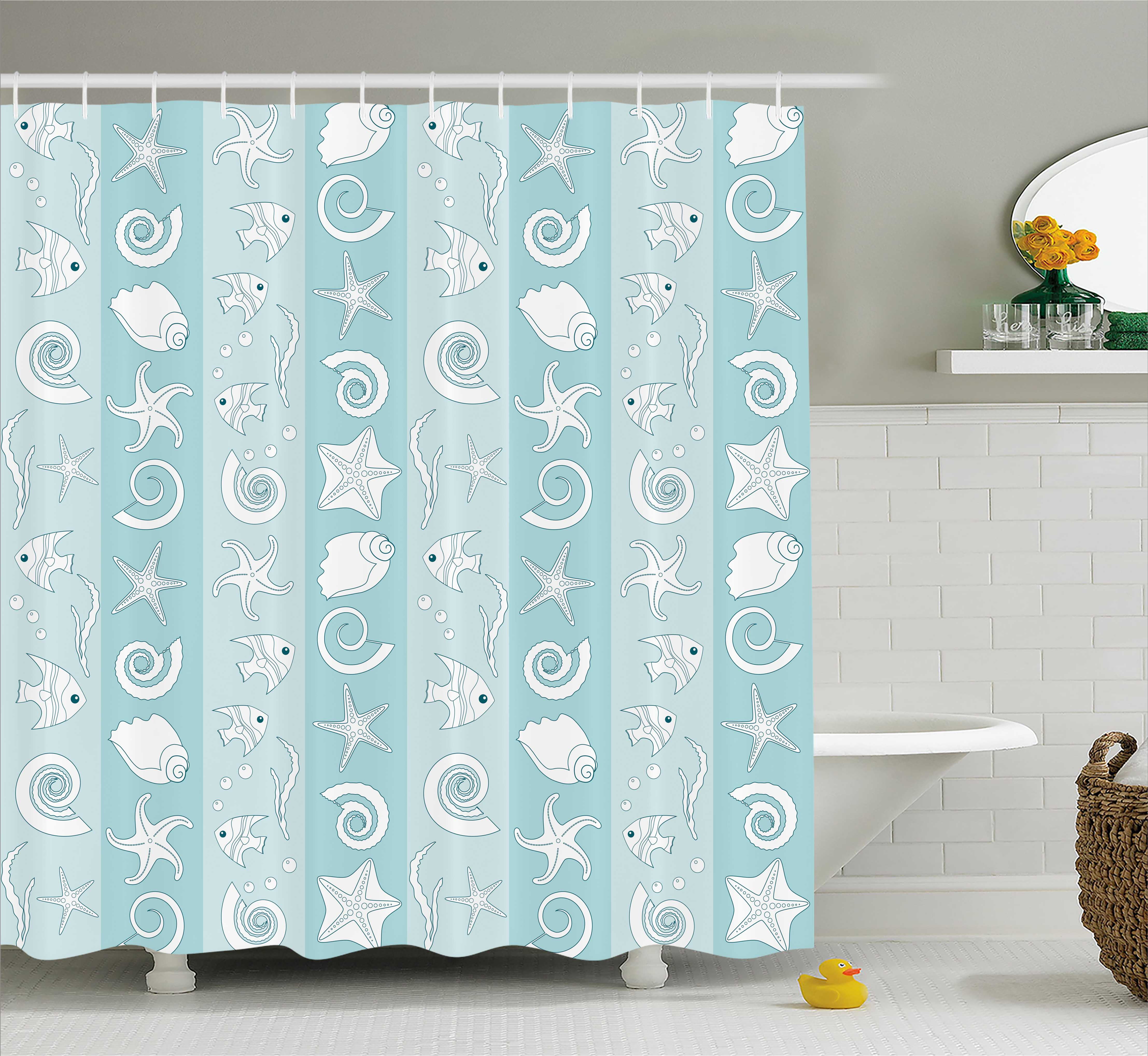 Nautical Shower Curtain, Marine Theme Sea Animals Fishes Shells on