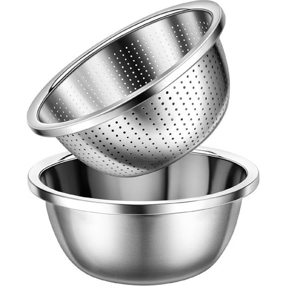 Colander 304 Stainless Steel 5-quart with Mixing Bowls, Strainer for Kitchen Food For washing vegetables, fruit, rice, Dishwasher Safe. (2PC)