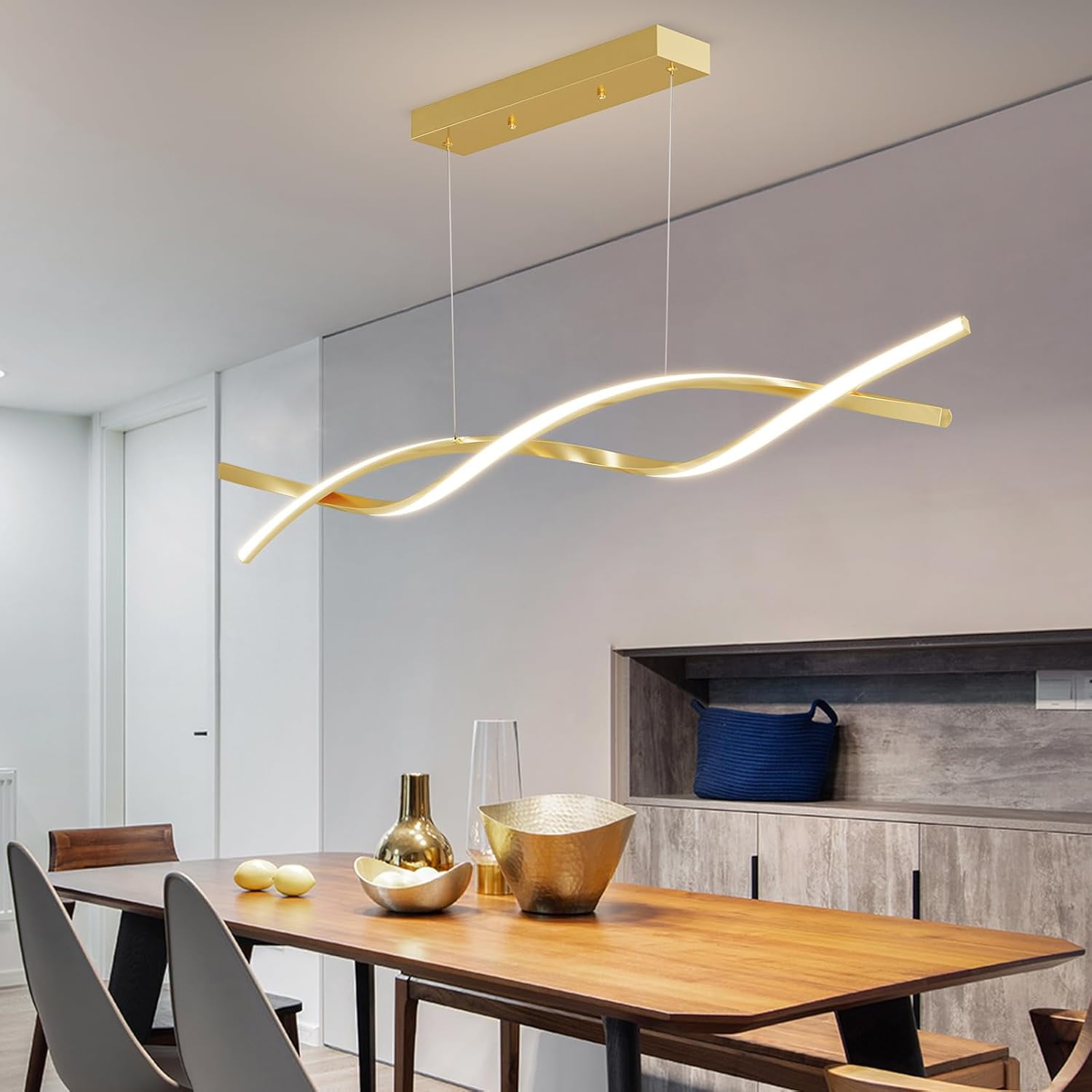 47inch Modern Gold Wave Pendant Light Fixtures Hanging Modern Ceiling Chandelier with Remote Control 3000k-6500K Adjustable Color Temperature