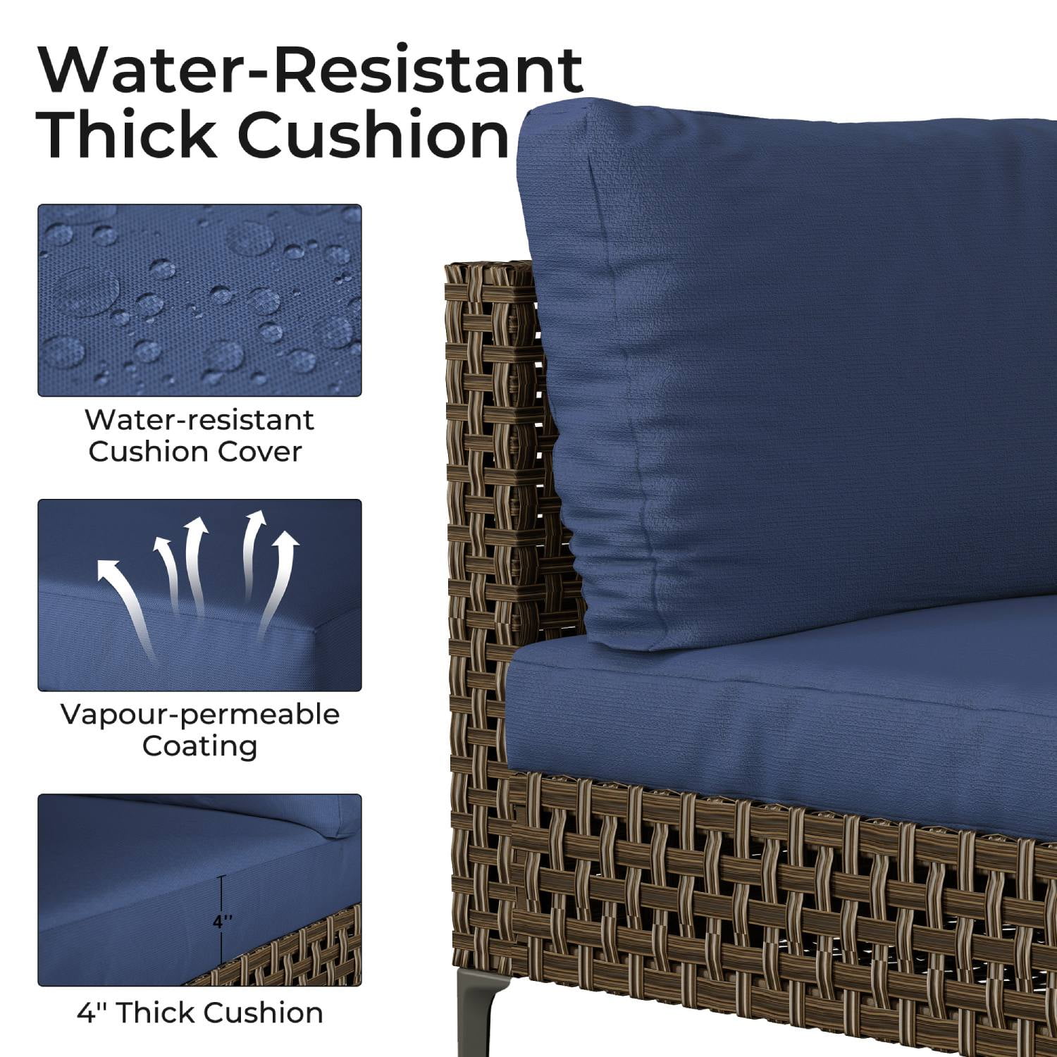 Grand Patio 5-Piece Wicker Patio Furniture Set, Retro Outdoor Conversation Set Sectional Sofa with Water Resistant Blue Thick Cushions and Coffee Table, Brown