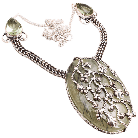 Silver Plated Prehnite Gemstone Necklace Handmade Jewelry For Women - Ethnic Designer 18" Necklace For Women Gift For Her 38 Gms N-1599