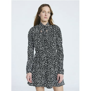 Scoop Women's and Women's Plus Tie Neck Mini Dress with Long Sleeves, Sizes XS-4X