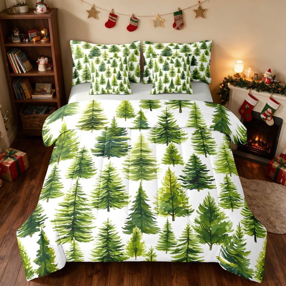 Manfei Christmas Tree Twin Bedding 7pcs Pine Bedding Comforter Set, Navy Silver, Gray Reversible