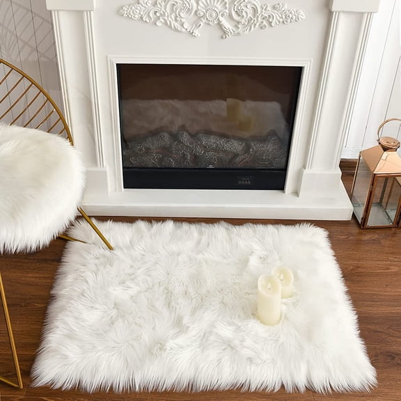 YJ.GWL Fluffy Faux Sheepskin Plush Area Rug Soft Fuzzy Rugs Floor Carpet for Bedroom Living Room,2'x 3',White
