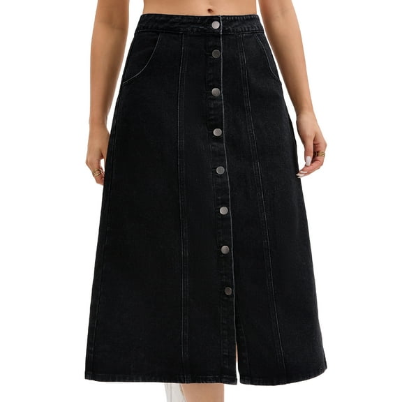 DARING DIVA Women's Button Down Front Slit A Line Midi Jean Skirts S Black