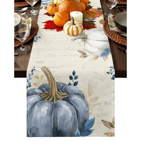 Blue Orange White Pumpkins Table Runner-Cotton Linen- 36 Inch Holiday Dresser Scarves, Thanksgiving Painting Eucalyptus Art Tablerunner for Kitchen Coffee/Dining Living Room Dinner Scarf Décor 13x36