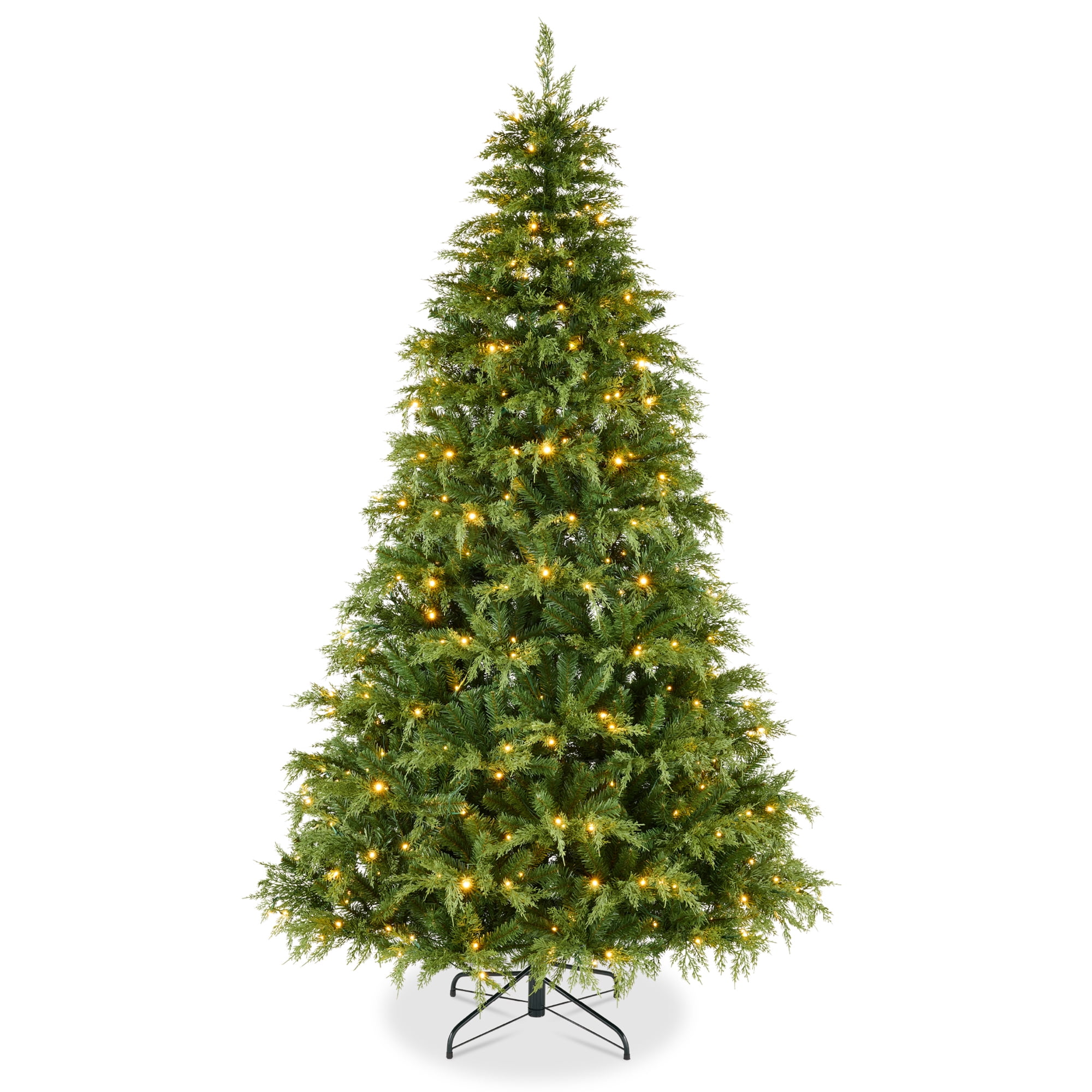 Pre-Lit Cedar Cypress Christmas Tree w/Twinkling Lights, 6ft Lighted Artificial Holiday Decor, White & Multicolored LEDs