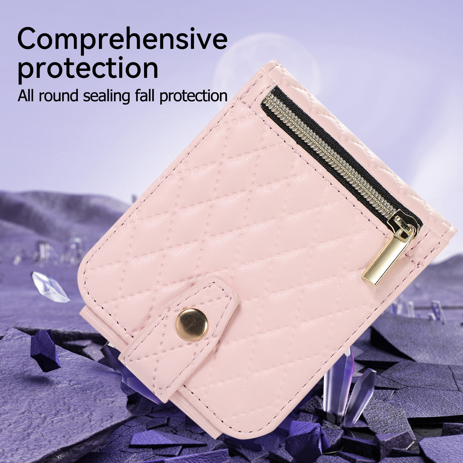 TECH CIRCLE Cover for Samsung Galaxy Z Flip3 Case with Shoulder Strap+Wristlet, Elegant Phone Handbag Design Multiple Card Slots Pocket Wallet Case for Galaxy Z Flip 3 Full Protective Shell-Pink
