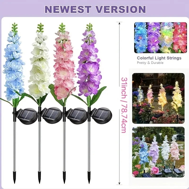 4 Pack Solar Delphinium Flowers Lights, Solar Garden Lights, For Outside Wedding Party Garden Yard Patio Lawn Decor And Gift For Women