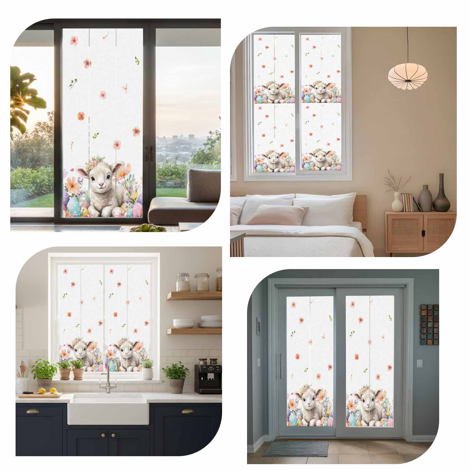 Easter Sheep Window Privacy Film, Watercolor Sheep Flowers Colored Eggs Frosted Glass Window Clings Static Cling UV Heat Blocking Reusable Door Sticker for Bathroom 23.6 x 59 Inch