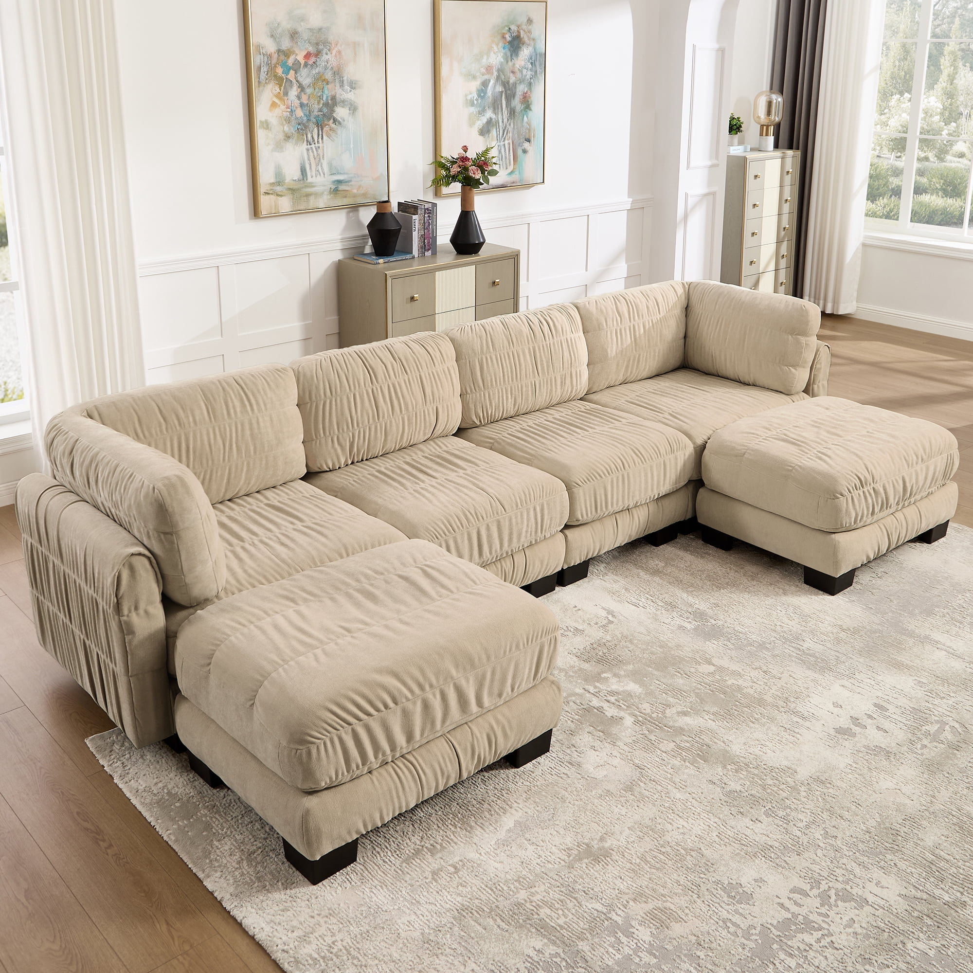 140" U Shape 4 Seat Ruched Chenille Modular Sectional Sofa with 2 Movable Ottomans,Easy Assembly