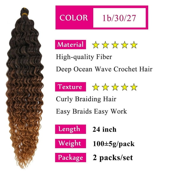 FGERFE-1b/30/27 Boho Wavy Braiding Hair Pre Stretched Deep Ocean Wave Crochet Hair Curly Synthetic Boho Hair for Braiding 24 Inch 2 Packs Bohemian Boho Curls Crochet Braids Extensions
