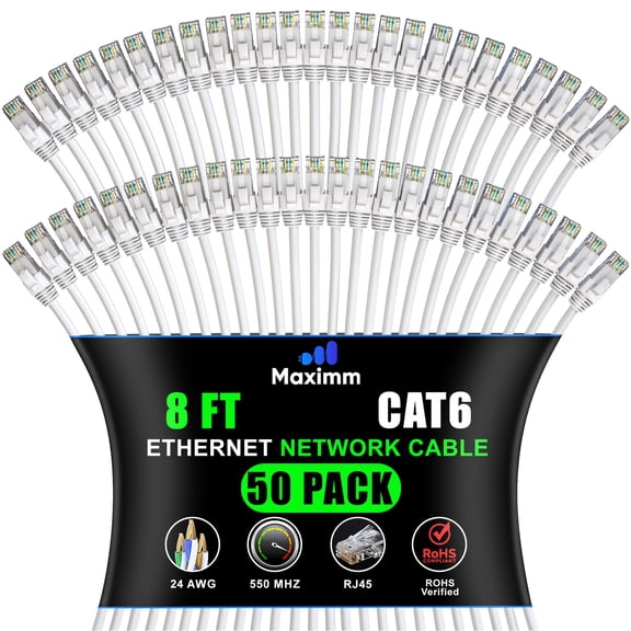 Maximm Cat 6 Ethernet Cable - 8 ft (50-Pack) - High-Speed LAN, Internet, Patch, and Network Cable - UTP, 10Gbps, 550MHz Ethernet Cord - White