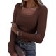 thumbnail image 3 of Camisetas informales ajustadas de punto acanalado con cuello redondo y manga larga para mujer, 3 of 5