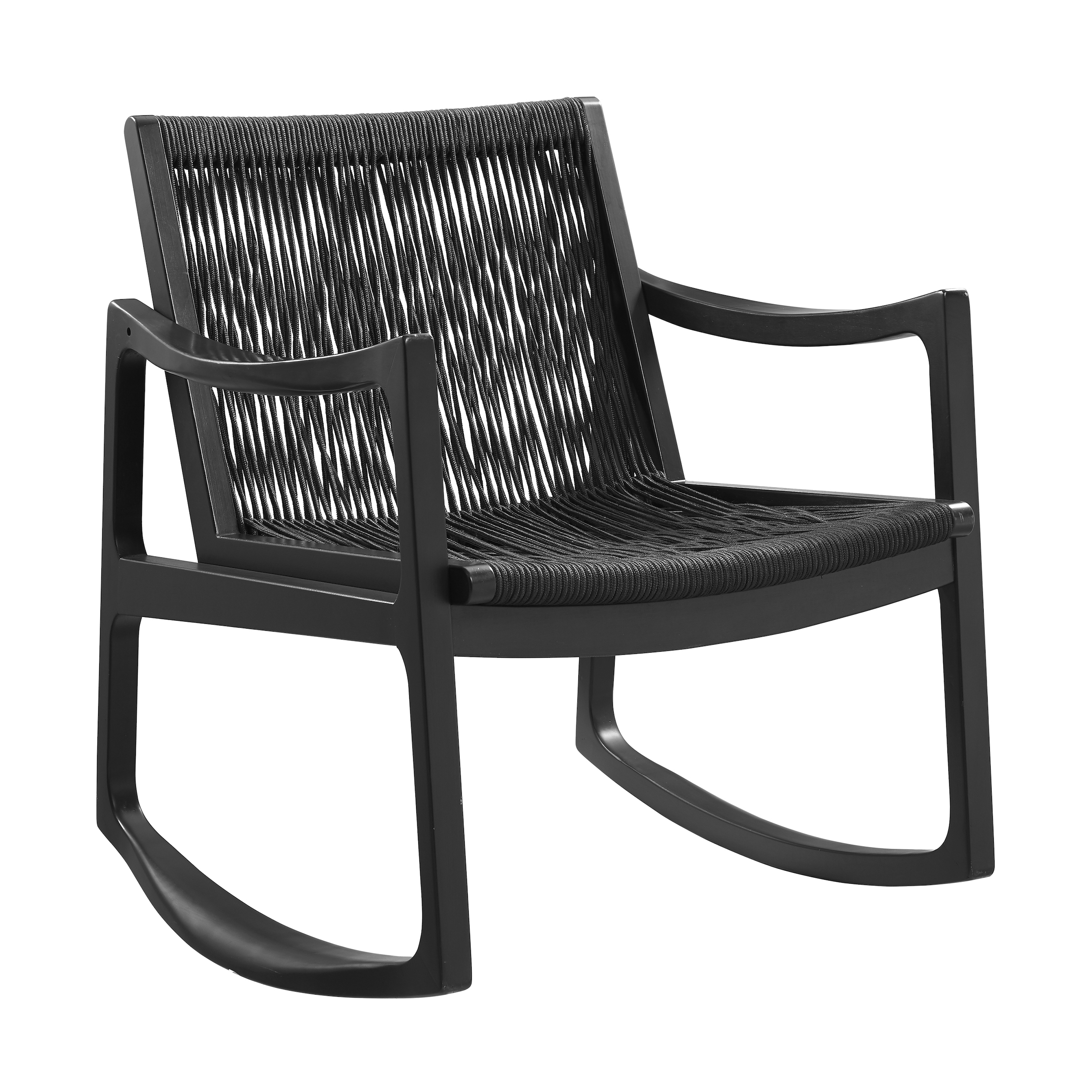 Powell Quinlan Mid Century Modern Woven Rope Beechwood Rocking Chair, Black