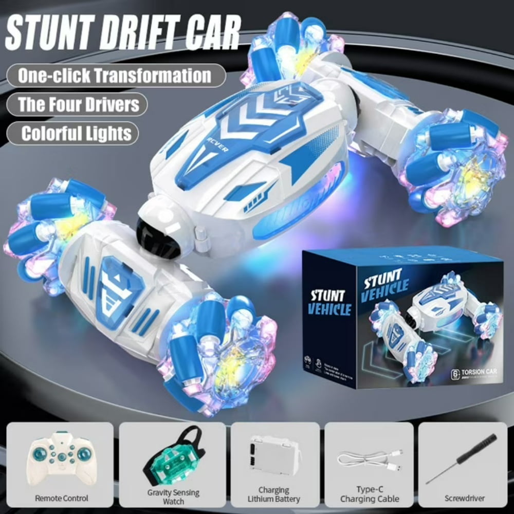 RC Stunt Car Gesture Sensing Remote Control with 2Batteries for Kids 360°Rotating 4WD Hand Controlled with Lights Music Birthday Gifts for Kids - Blue