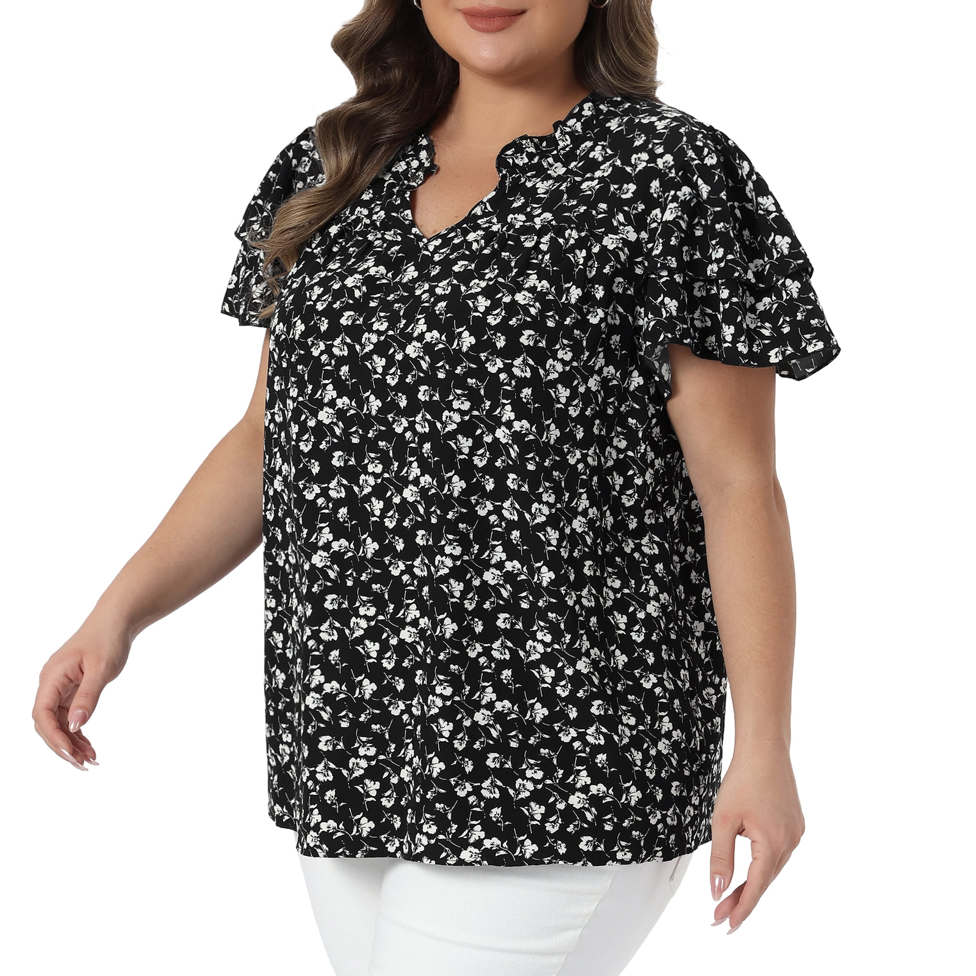 DARING DIVA Women's Plus Summer Ruffle V Neck Double Short Tops 4X Black
