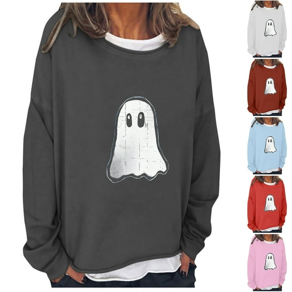 RKSTN Women's Halloween Print Cotton Long Sleeve Shirts Cute Ghost Graphic Print Oversize Crewneck Pullover Shirts Tops Womens Casual Round Neck Long Sleeve Fake Two Piece Shirts Fall