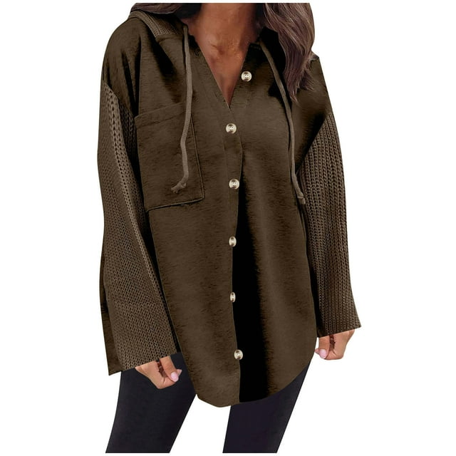 Swstbby Soldes d'Automne! Hauts d'Automne pour Femmes Grande Taille, Chandail à Capuchon à Manches Longues Patchwork Contrasté Décontracté Café TTG