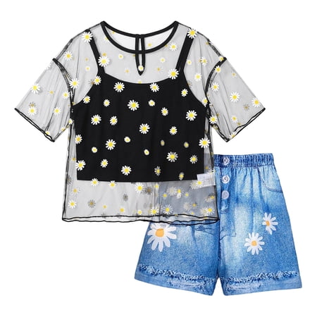 SonxaHe Big Girl s Outfit Set Daisy Print Short Sleeve Mesh Top Tank Denim Shorts Kids Stylish Summer Outfits 3-Piece Black Size 10-11 Y