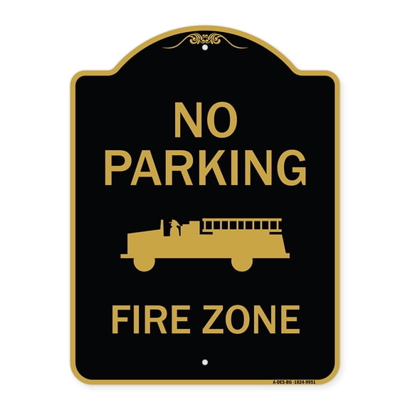 SignMission A-DES-BG-1824-9951 18 x 24 in. Designer Series Sign - No Parking Fire Zone with Fire Truck Graphic, Black & Gold
