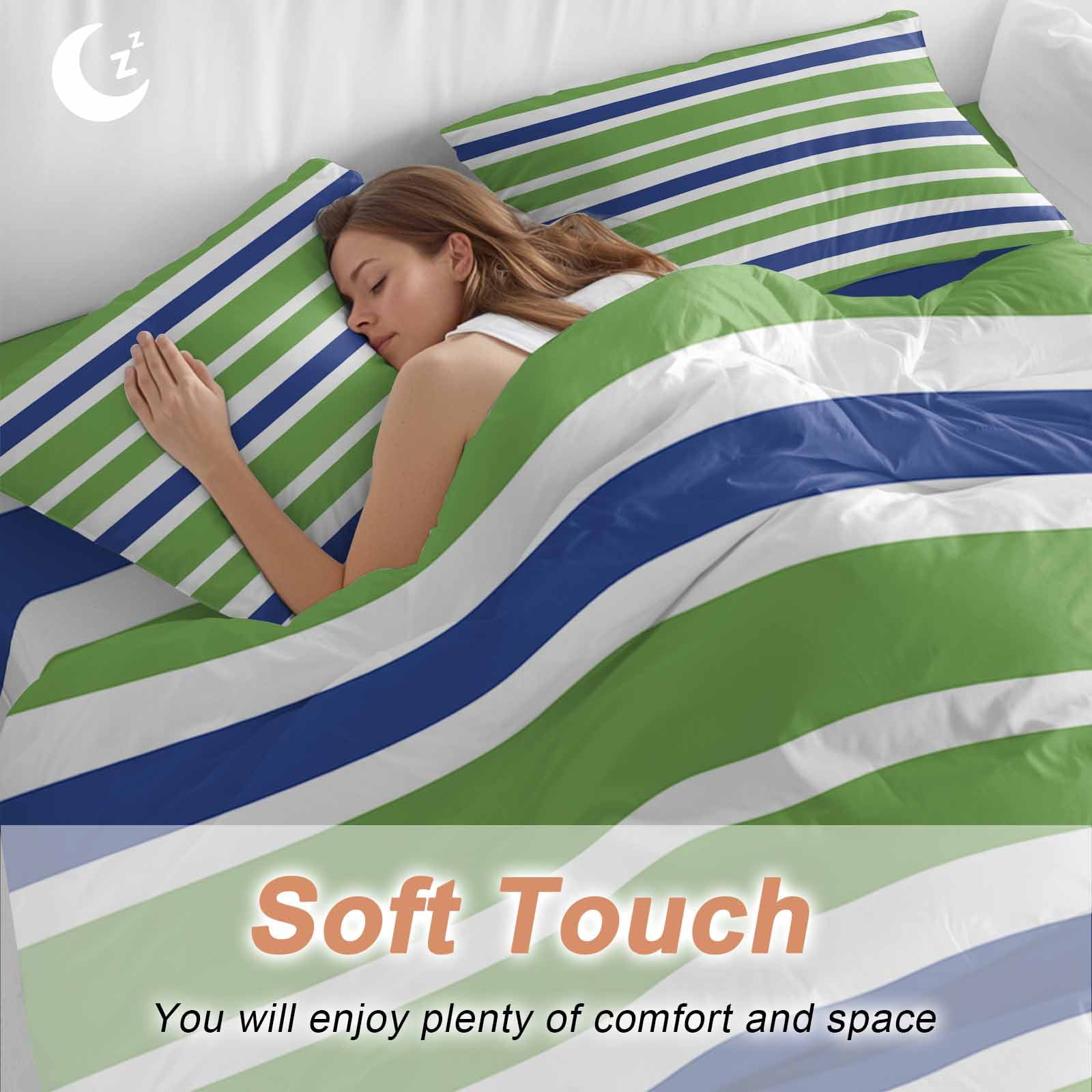 Green Blue Bedding Duvet Cover Set King Size 4 Pieces White Stripe Soft Twill Plush Quilt Cover, Include 1 Duvet Cover 1 Flat Sheet And 2 Pillow