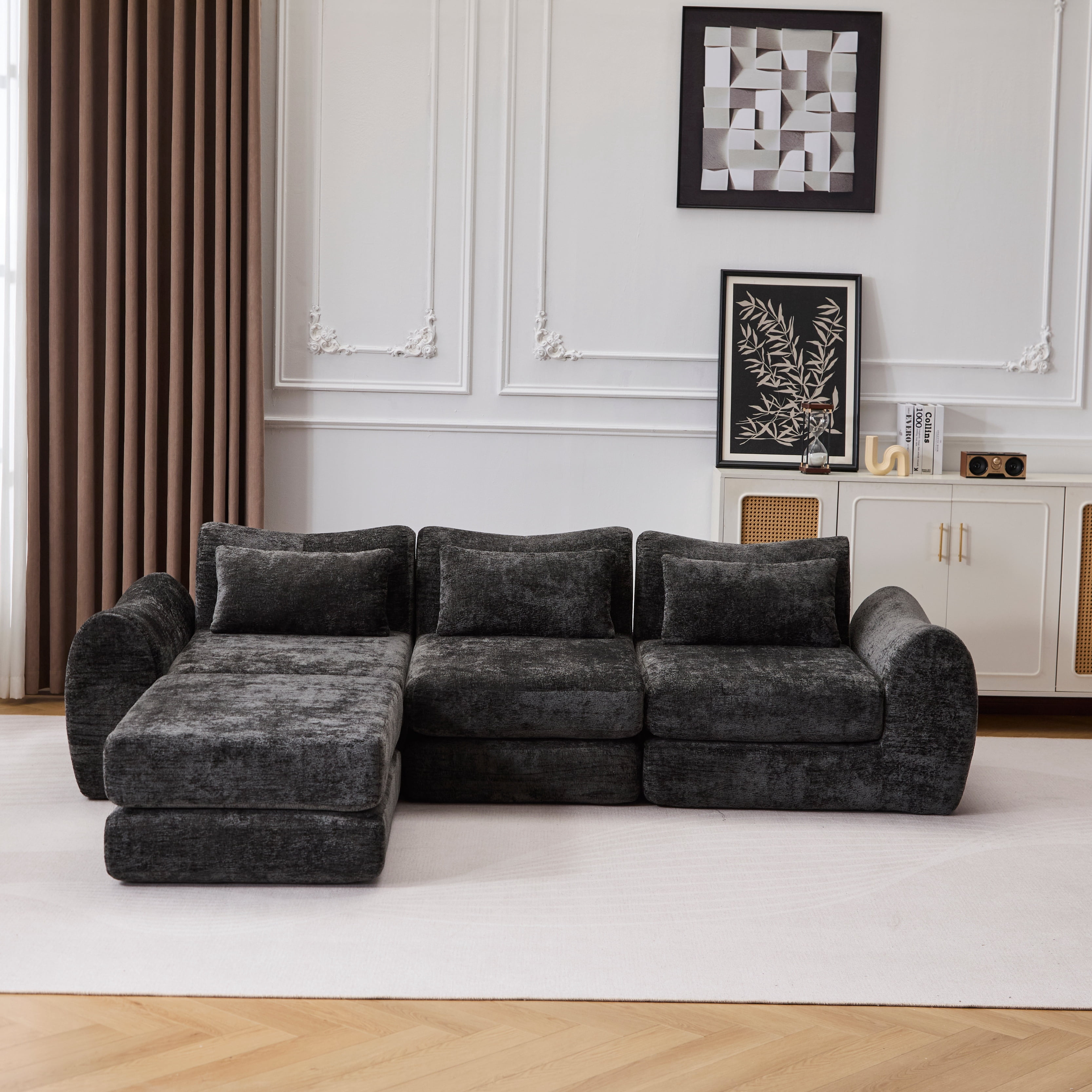 BSHTI Foldable Wave Star Modular Sofa, Chenille Fabric, 4-in-1 Modern Couch for Living Room, Modular Sectional Sofa with Chaise, Free Combination 3 Seater Sofa, Black