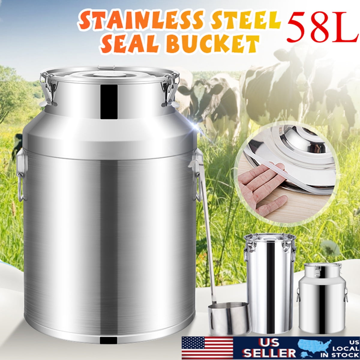 58L Stainless Steel Milk Can Wine Pail Bucket Tote Jug Oil Barrel Tea