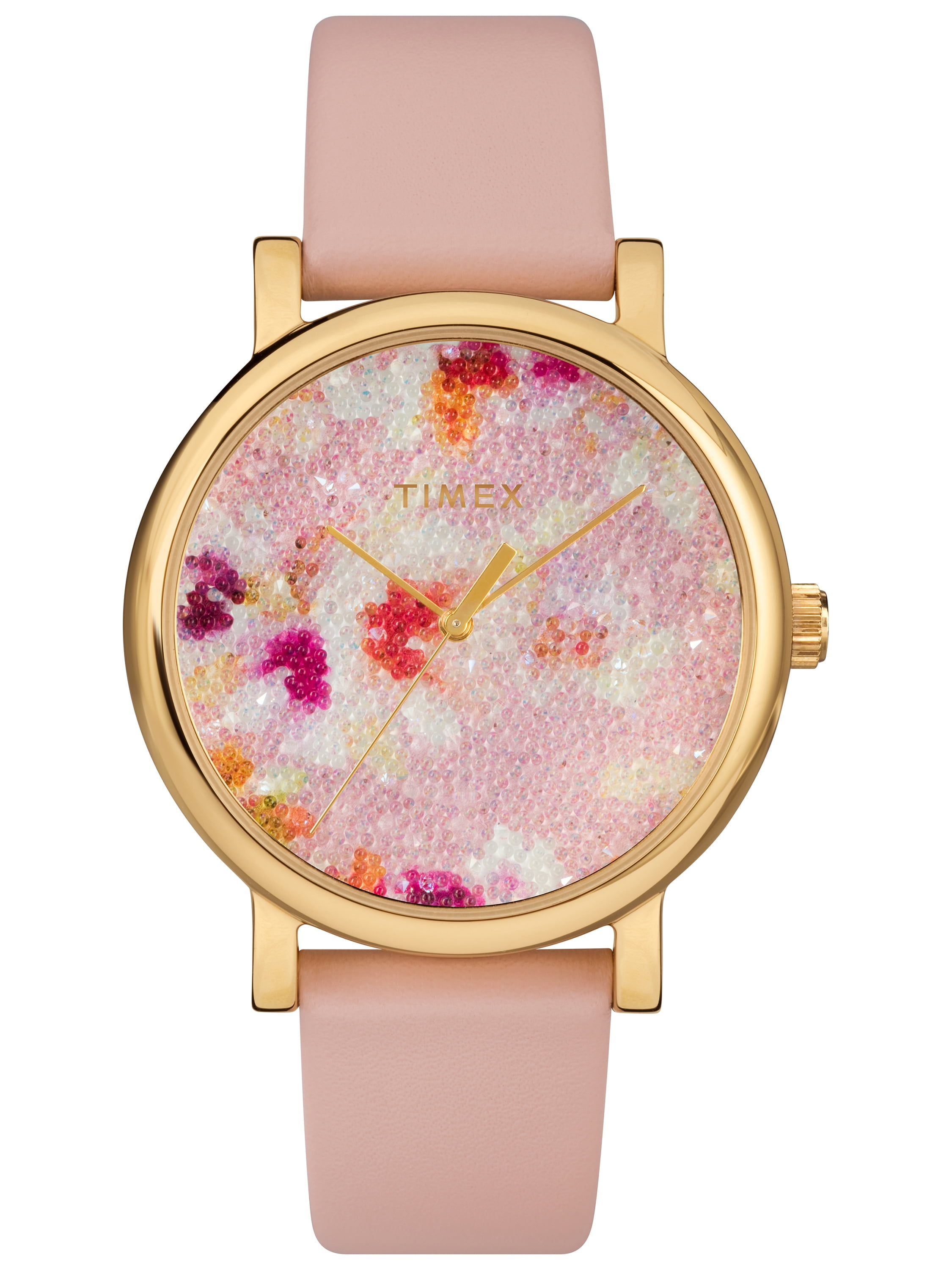 Timex Women's Crystal Bloom Pink Gold Floral Watch, Leather Strap by Timex