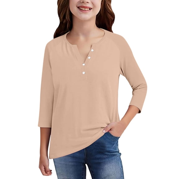 XADYUY Cute Tops for Girls 10-12 Henley V Neck Button Down Toddler T-Shirt Summer 3/4 Sleeve TShirt Cute Cotton Tops,Light Brown,5-6Years