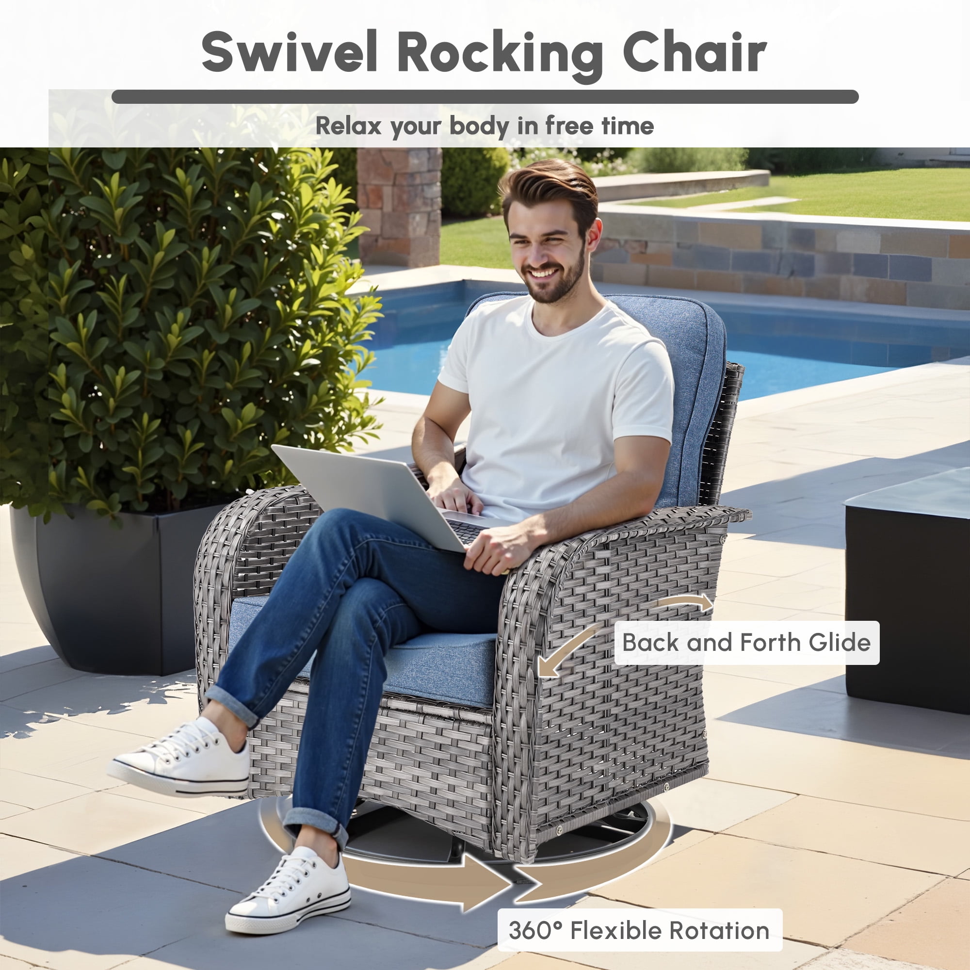 Ovios 9 Pieces Patio Furniture Set with Fire Pit Table Outdoor Conversation All-Weather Rattan Sectional Sofa with Swivel Chairs & Solar Light Table