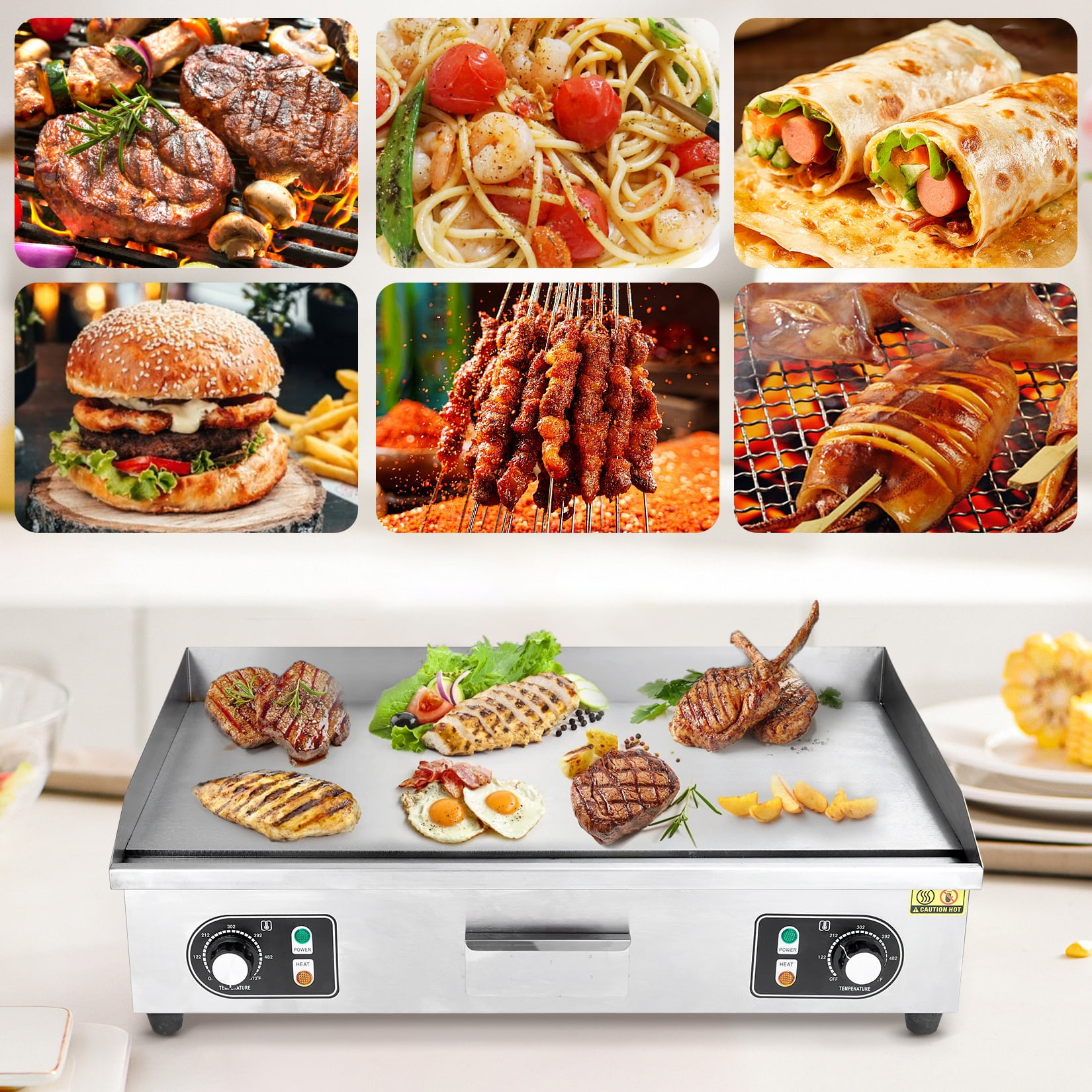 Amkui 28.7" Electric Griddle, 3000W Commercial Electric Countertop Griddle Flat Top Grill Hot Plate BBQ, Restaurant Teppanyaki Grill for Kitchen Non-Stick Stainless Steel 2 Brushes+2 Spatulas