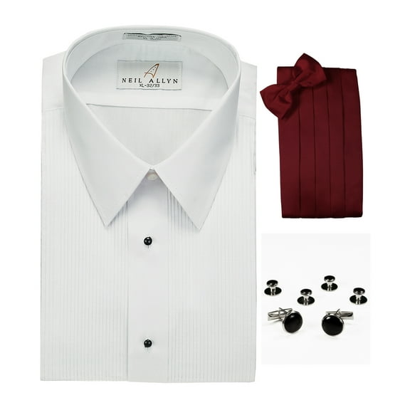 Lay-Down Collar Tuxedo Shirt, Burgundy Cummerbund, Bow-Tie, Cuff Links & Studs Set