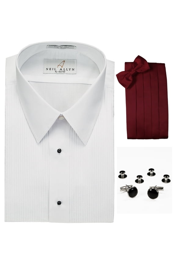 Lay-Down Collar Tuxedo Shirt, Burgundy Cummerbund, Bow-Tie, Cuff Links & Studs Set