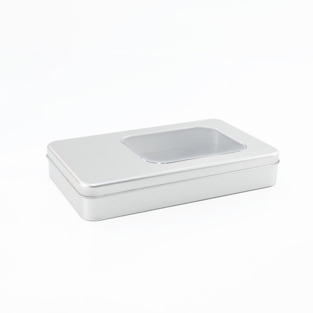 Caja de hierro para embalaje con ventana rectangular, accesorios y piezas, caja de hierro para embalaje general, caja de hojalata