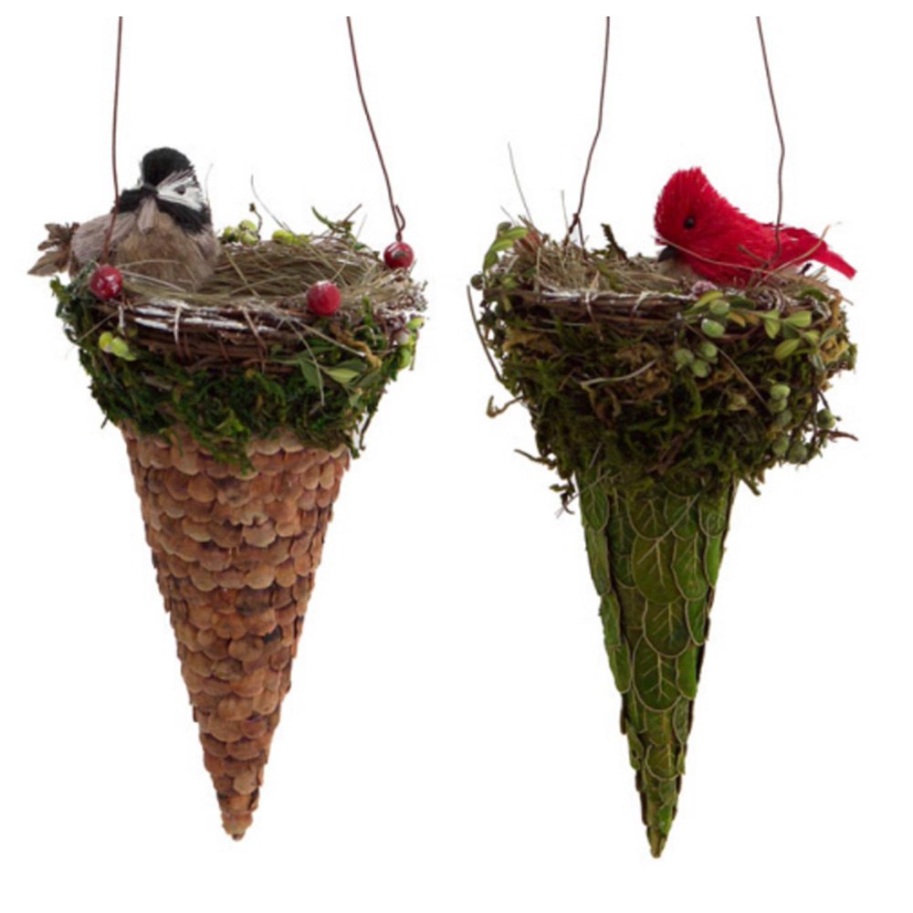 Pack of 6 Artificial Cone Birds Nest with Bird Christmas Ornaments 8.5