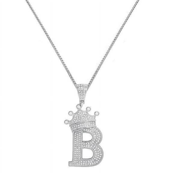 Real Genuine Sterling Silver 14K White Gold Over 1.00 Cwt. Simulated Diamond Crown Initial Letter Alphabet Charm Pendant B Chain Small 1.75''