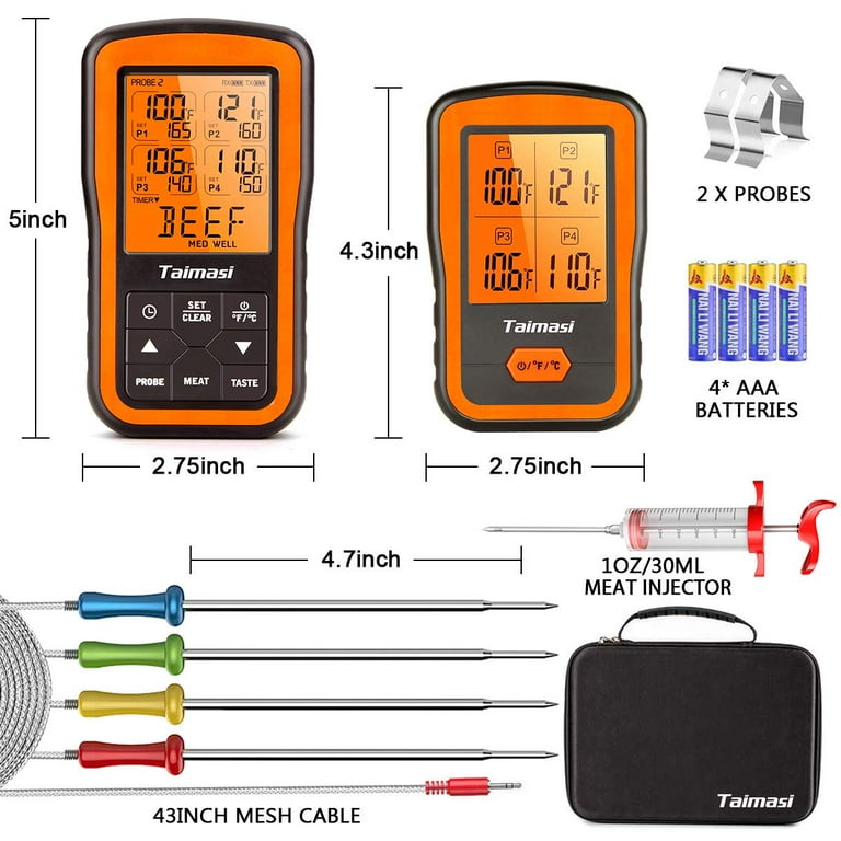 Wireless Digital Meat Thermometer with 4 Probes & Meat Injector, Upgraded 500ft Remote Range Cooking Food Thermometer for Grilling & BBQ & Oven 