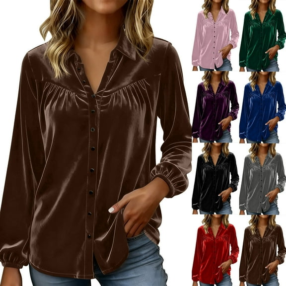 qolati Velvet Tops for Women Long Sleeve Lapel Collard Velours Shirt Winter Vintage Comfy Blouses Holiday Party Clothes