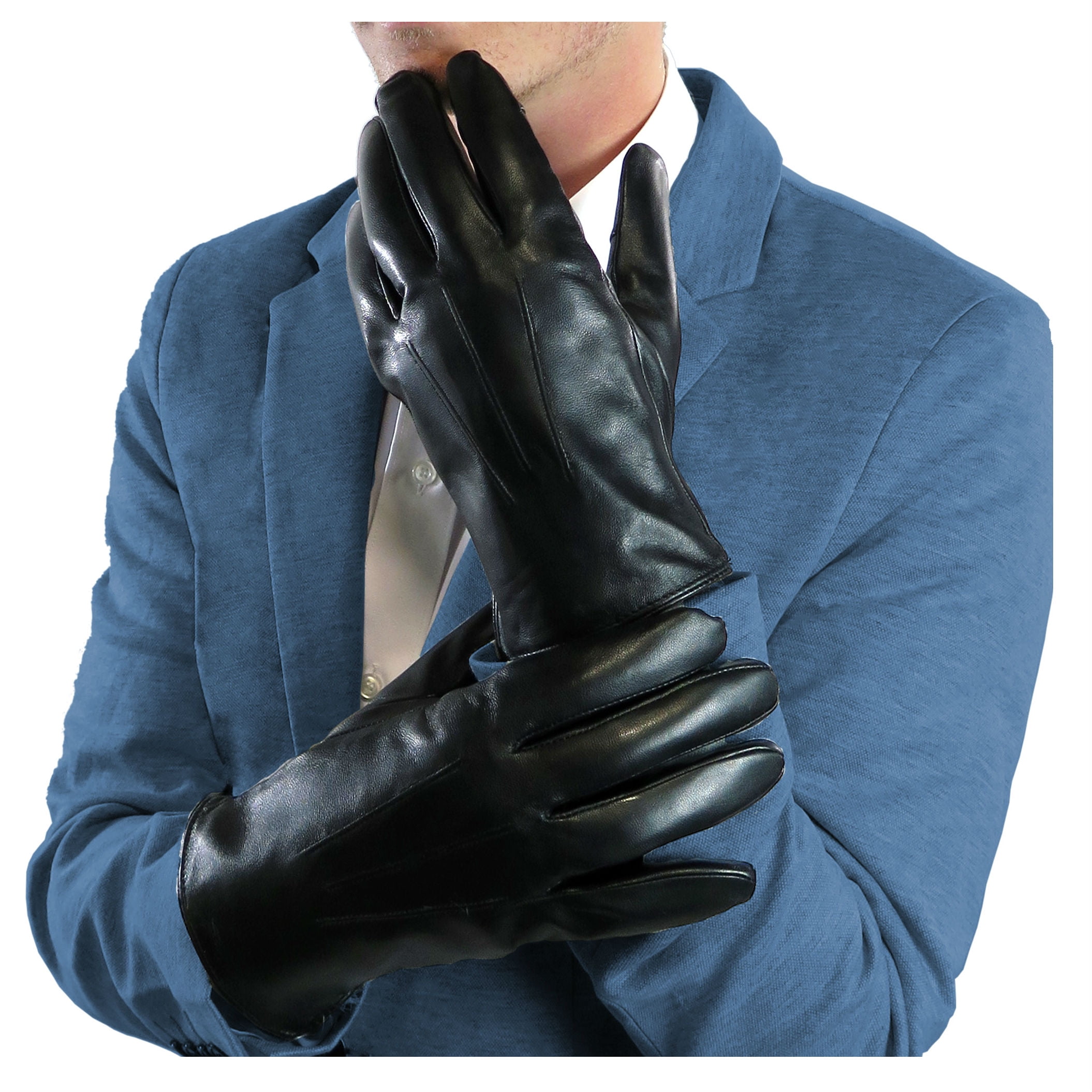 MENS TOUCH SCREEN 100% LEATHER GLOVES THERMAL LINED BLACK DRIVING WINTER GIFT
