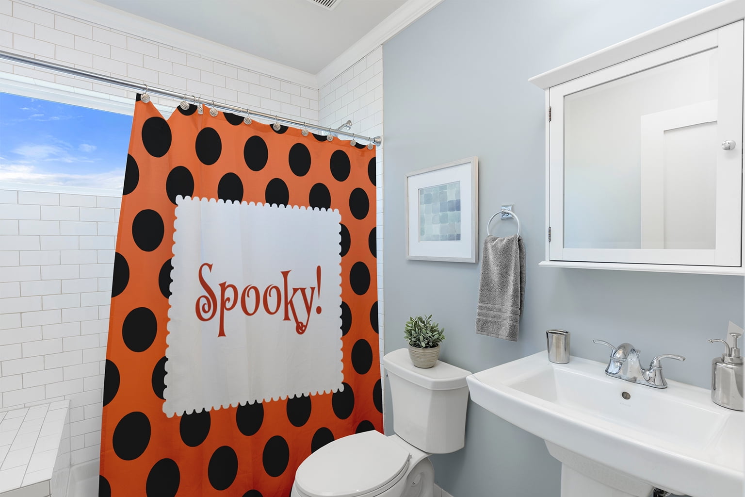 Simply Daisy 70" W x 73" L Halloween Spooky Dots Polyester Shower Curtain, Traditional Orange [1 Ct]