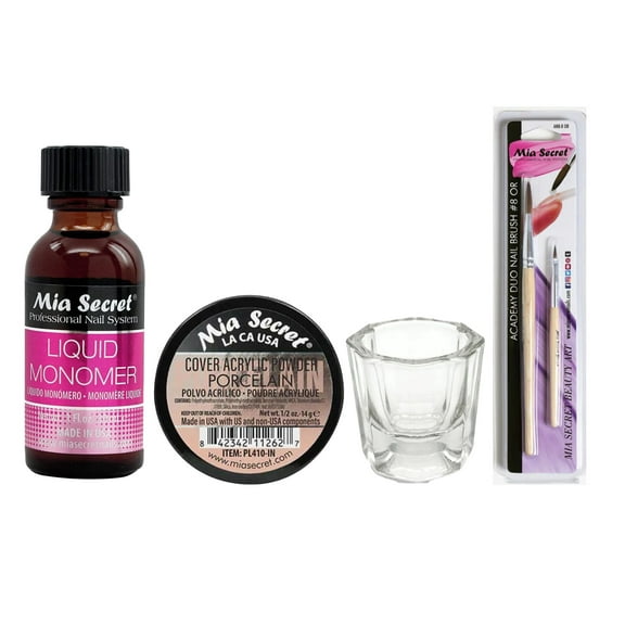 Mia Secret - Liquid Monomer 1oz   Cover Acrylic Powder Porcelain 0.5 oz   Dappen Dish   Academic Duo Nail Brush #8 OR - COMBO